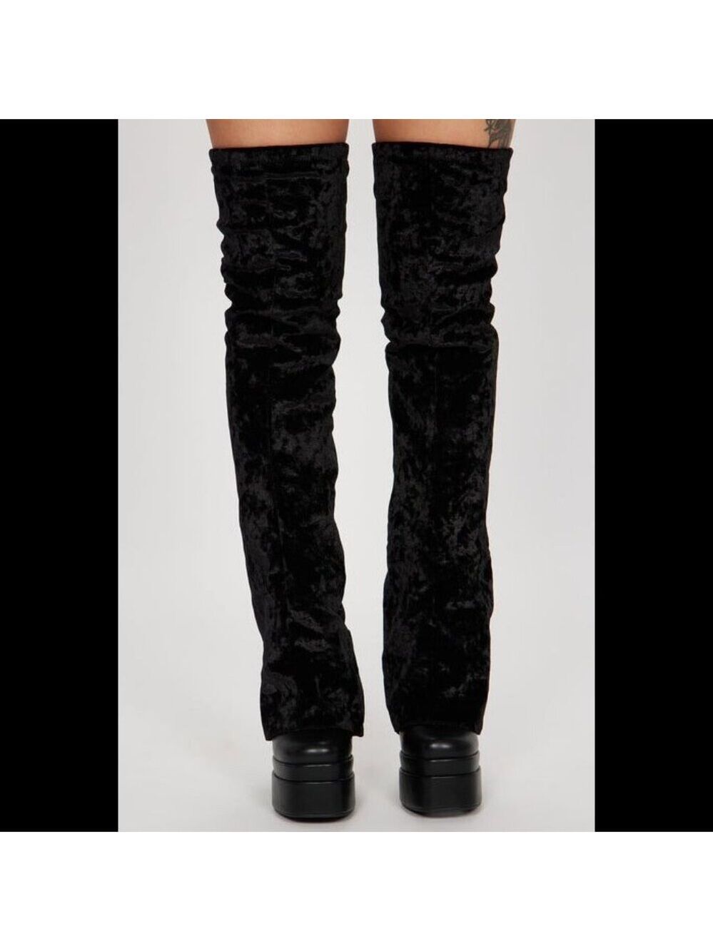 Unique Thigh High Black Velvet Fold over Skirted Chunky Heel Platform Boots - Picture 5 of 17